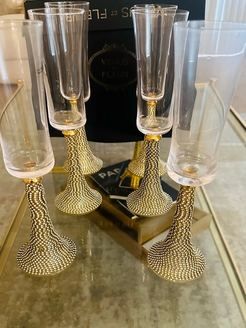 Sparkling Gold Jeweled Stem Champagne Flutes - Set of 6 New